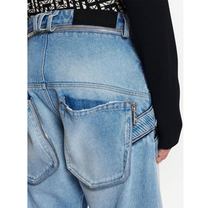 Pantalones vaqueros clásicos de cinco bolsillos con cremallera en ayunas para hombre, pantalones vaqueros de cintura alta con lavado ligero, piernas rectas, cinturón, pantalones de moda tejidos con lazo para hombre - Product Image 4