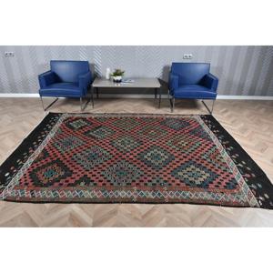 Alfombra Turca Vintage, Alfombra Kilim de 6.5x9.1 pies, Alfombra Oriental Negra y Roja - Product Image 2