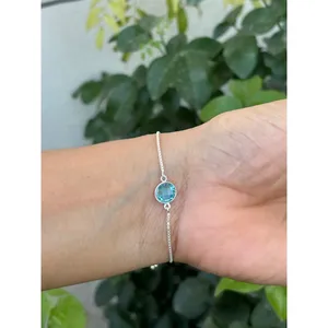 925 <b>Silver</b> for Swiss Blue Topaz Tennis <b>Bracelet</b> with 14K Gold Chain Diamond and Pearl Religious Style <b>Bangles</b> - Product Image 3