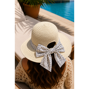 Adjustable Natural Grass <b>Floppy</b> <b>Hat</b> with Bow at the Back Cream Color - Product Image 1