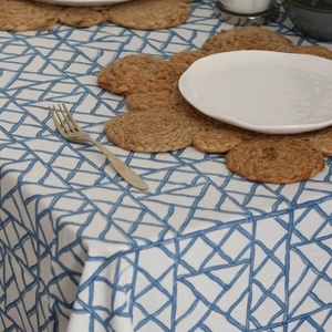 Geometric Pattern <b>Tablecloth</b>, Blue and White, Diamond Lattice Design with Floral Border, - Product Image 2
