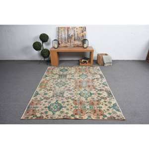 Alfombra de lana verde naranja Vintage 8,4X5 pies Área grande turca clásica con patrón de rectángulo abstracto Habitación de pasillo con respaldo de látex - Product Image 3