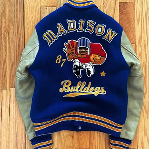 Chaquetas universitarias vintage, ropa deportiva blanca personalizada para hombre, chaqueta unisex con estampado de botones y logotipo, chaqueta bordada con letras al por mayor - Product Image 2