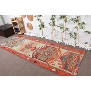 Alfombra Kilim Vintage naranja y Beige, diseño de tejido plano de 3,6x9,6 pies con respaldo de látex para uso en pasillo de adolescentes, Material de lana - Product Image 1