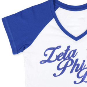 Camiseta con cuello en V ZPB |   Camiseta 100% Algodón Zeta Phi Beta con Letras Griegas Impresas con Purpurina y Escudo |   Ropa de Verano Unisex para Hermandades - Product Image 2