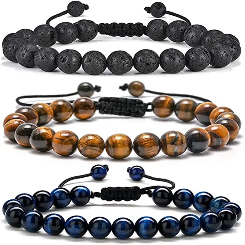 Natural Tiger Eye Lava Rock Gemstone Yoga Ajustável Mão String Óleo Essencial Aromaterapia Beads Pulseira para Homens Mulheres Jóias