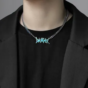 Punk Rock Danger Necklace For Men High Polished Rainbow Color Gothic Danger Pendant Necklace With Miami Cuban Chain Gift For Him