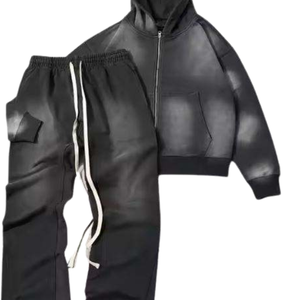 Ensemble de survêtement pour homme avec sweat à capuche cargo noir délavé à l'acide, veste en molleton vintage, pantalon de jogging évasé, tenue streetwear d'hiver - Product Image 3