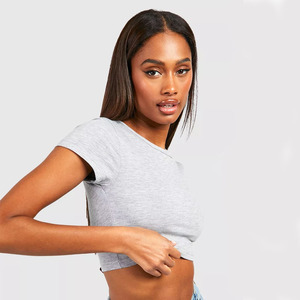 Vente en gros femmes gris couleur 100% coton vierge col rond longueur courte t-shirt à vendre par Sportar International - Product Image 2