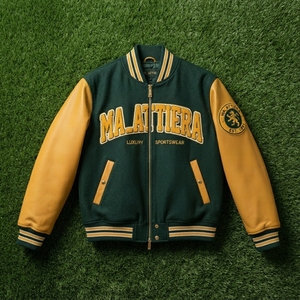 Veste pour homme MA_ATTIERA en cuir PU vert beige avec logo brodé, style preppy, fermeture éclair sur le devant, coupe classique, automne - Product Image 4
