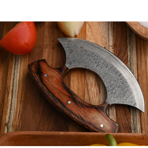 Cuchillo Ulu de Acero de Damasco Hecho a Mano, Cortador de Pizza de Cocina y Rebanador de Chef, Mango de Madera y Funda de Cuero - Product Image 4
