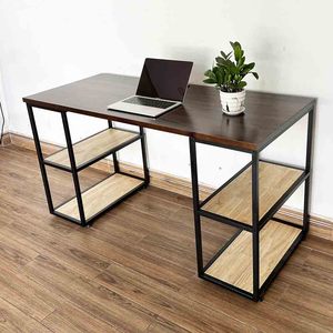 BD68091 <b>Foldable</b> Computer <b>Table</b> with Wooden <b>Legs</b> and Iron Frame Desk with Bookshelf and Storage for Office Use 140x60x75cm - Product Image 4