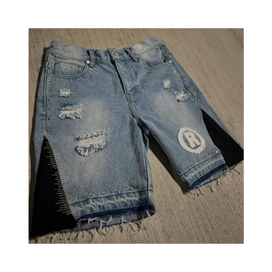 2025 Hot Selling <b>Men's</b> Distressed Embroidery Jorts Baggy Washed Applique Raw Edge Denim Mid Breathable 100% Cotton Rhinestone - Product Image 1