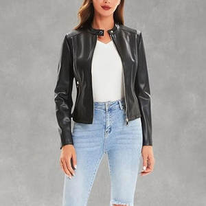 Chaqueta de cuero para mujer con cuello levantado de talla grande para adultos Chaqueta de cuero con estampado de logotipo personalizado transpirable de alta calidad - Product Image 6