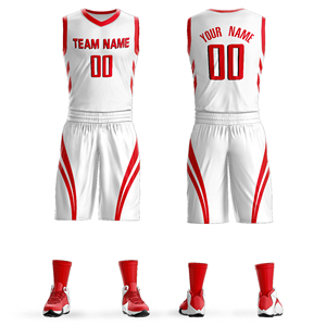 Ensemble de maillots de basket-ball sublimés personnalisés, blanc et rouge, col en V, sans manches, en maille respirante, vêtements de sport pour adultes, vêtements d'équipe unisexes - Product Image 4