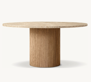 Table à manger ronde de luxe moderne pour salon, base en bois de chêne, plateau en pierre - Product Image 5