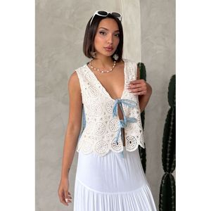 เสื้อกั๊กผ้ายีนส์ผูกเชือกด้านหน้าสำหรับผู้หญิงเสื้อกั๊กผ้าดิบสีน้ำเงิน - Product Image 5