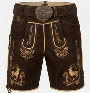 Lederhosen bavaroises pour hommes, shorts en cuir traditionnels brodés, taille haute, style vintage avec motif cerf, fabrication artisanale - Product Image 1
