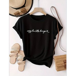 Blusa básica de viscosa con estampado de letras en la parte delantera y manga corta para mujer, 34469 - Negro - Product Image 4