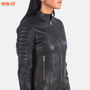 Veste de motard en cuir de vache véritable pour femmes Slim Fit Stand High Front Zipper Stylish Classic Coat Plain Dyed Wearhit - Product Image 3
