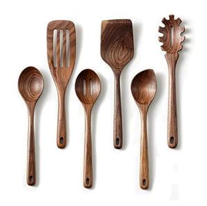 Juego de 6 cucharas de madera de acacia negra para cocinar utensilios de cocina de mango largo juego de servidor de ensalada único de 2 KETCHENWAR hecho a mano - Product Image 1