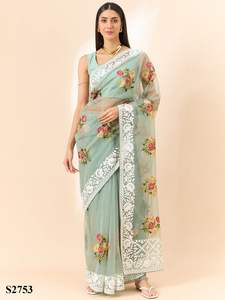 Dernier Designer Organza Soie Brodé Imprimé Saree par Fab zone - Product Image 4
