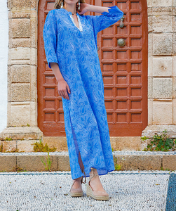 Blue Paisley Print Chiffon <b>Kaftan</b> Dress with V-Neck Batwing Sleeves Ankle-Length Loose Bohemian Style <b>Plus</b> <b>Size</b> Summer for Women - Product Image 1