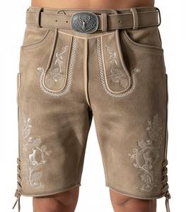 Men's Bavarian <b>Plaid</b> Goat Suede Leather <b>Shorts</b> Breathable Button Fly Lederhosen for Oktoberfest All Sizes - Product Image 2