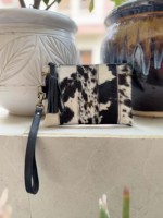 Dompet Clutch Kulit Sapi Asli Modis dengan Tali Hias Bunga Kecil Hitam, Bergaya Barat