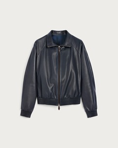 Veste Blouson Homme en Cuir Véritable Bleu Marine avec Fermeture Éclair, Ourlet Côtelé, Col Montant, Décontractée, Automne Hiver, Vêtement d'Extérieur Écologique - Product Image 1