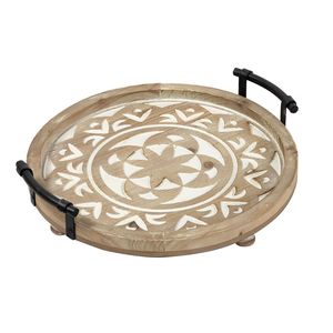 Plateau de service en bois rustique vintage artisanal avec poignée en métal et fer Plateau rond en bois - Product Image 1