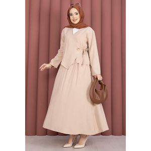 Ensemble deux pièces jupe kimono à nouer sur le côté pour femme, en crêpe beige, tenue printemps/été avec ensemble court pour occasions d'automne - Product Image 5