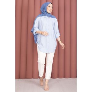 Chemise décontractée en popeline rayée bleu ciel boutonnée pleine longueur pour le printemps/été – Élément de mode simple - Product Image 4