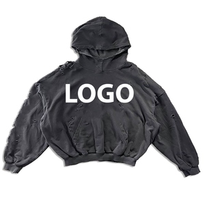 เสื้อฮู้ดผู้ชายสไตล์สตรีทแวร์ผ้าคอตตอนผสมแบบขาดๆ ทรงหลวม สวมใส่สบาย แฟชั่นทันสมัย - Product Image 6