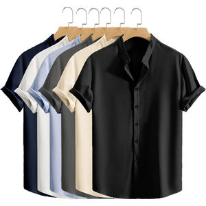 Casual Male Summer Streetwear <b>Shirt</b> <b>Beach</b> Short Sleeve Solid Color Loose Fit Breathable Stand Collar Button Top Lightweight - Product Image 1