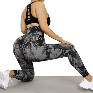 Pantalones de Yoga de entrenamiento con realce de glúteos de cintura alta para mujer Tie Dye patrón sólido fruncido botín deporte mallas sin costuras al por mayor - Product Image 6