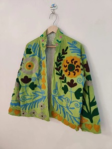 Cardigan Bohème Vert Brodé à Motifs Floraux, Manches Longues, Col Mandarin, Grande Taille, Vêtement d'Extérieur Décontracté pour Femme, Idéal Printemps - Product Image 3