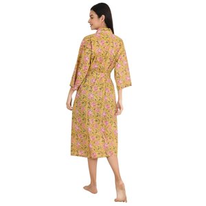 Boho Chic Cotton <b>Kimono</b> Hand-Printed Floral Motif Luxury Lightweight Summer <b>Beach</b> Vacation Robe Women's Sleepwear - Product Image 5
