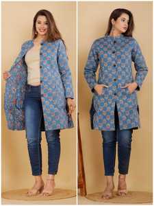 Chaquetas reversibles largas de punto kartha de algodón estampadas a medida, con telas estampadas en bloque, ideales para reventa en color azul océano - Product Image 2