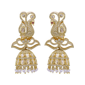 Boucles d'oreilles élégantes en or AD Jumki, boucles d'oreilles traditionnelles AD Jumki, exportation de bijoux artificiels de luxe Exportation de bijoux d'imitation antique - Product Image 2