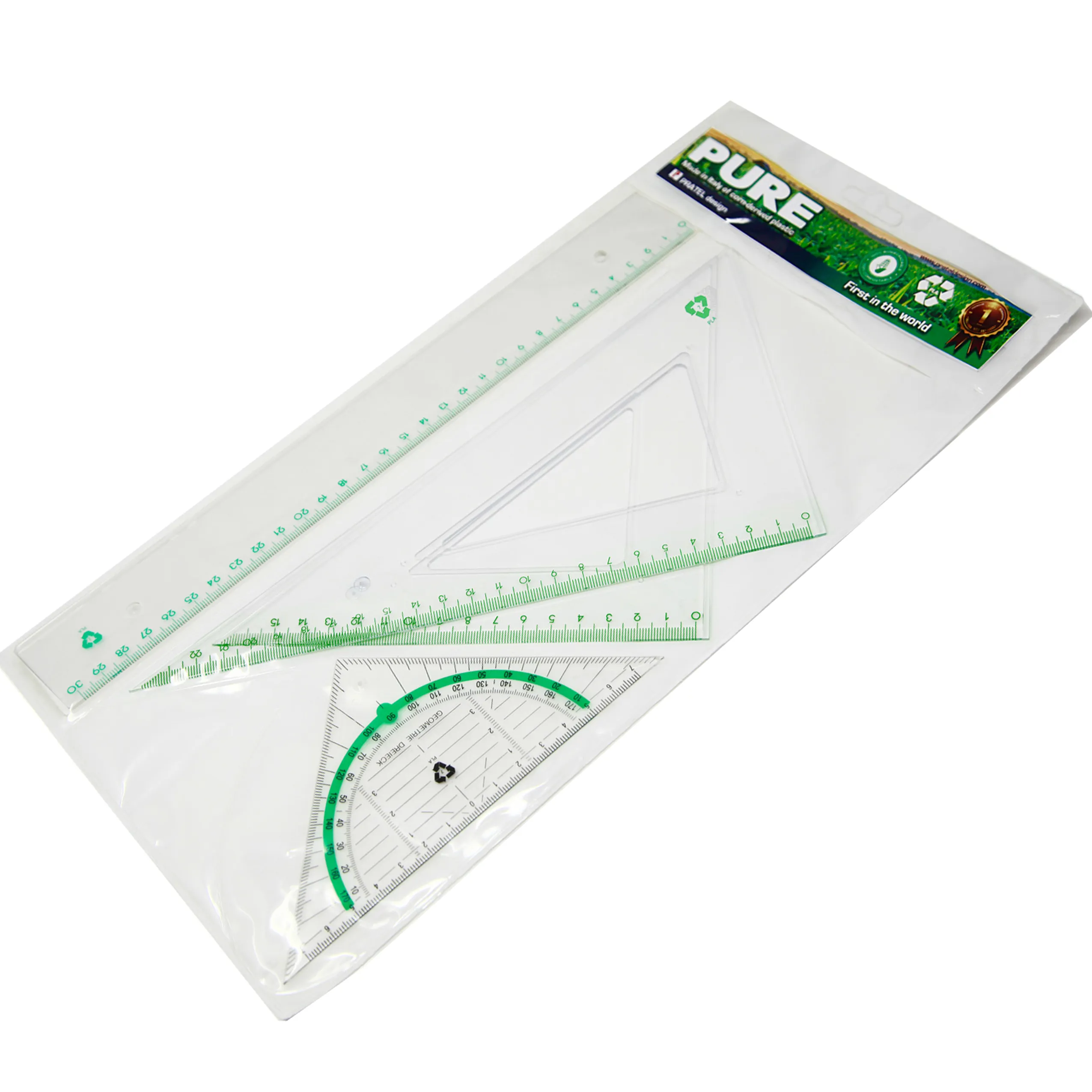 Conjunto de plástico biodegradável PLA polilactiacid compostável transparente de alta qualidade 30 cm 4 peças para a escola