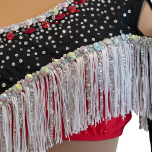 Traje de Baile con Pedrería Roja y Negra para Mujer, Asimétrico con Flecos, Brillante con Cristales, para Actuaciones de Samba Latina - Product Image 5
