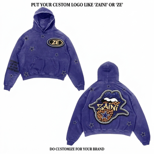 Sudadera con Capucha Morada de Mezcla de Algodón y Poliéster Premium de 480 GSM, Lavado Ácido, con Parche de Chenilla Personalizado y Logotipo Bordado con Impresión Puff - Product Image 1
