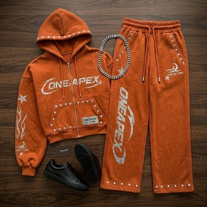 Ensemble de survêtement homme avec sweat à capuche zippé et pantalon de jogging, motif strass orange, style streetwear, deux pièces, vente en gros OEM - Product Image 4