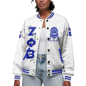 Zeta Phi Beta 1920 ZPB Letterman Jacket Greek Life Varsity Azul Blanco Hermandad Chenille Patch Founders Style Wear - Product Image 1