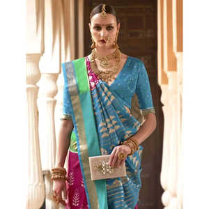 ผ้าไหมปาโตลาสีชมพูและฟ้าอ่อนพิมพ์ลายดิจิทัลสำหรับงานแต่งงาน - Product Image 3