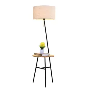 Fabric Single Living Room Standing Lamp in Black with Wooden Tray and Pull Chain Simple Style Drum Floor Light