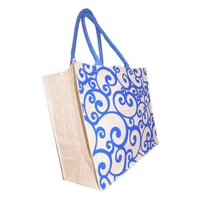 White Base Blue Flower Print Natural Eco-friendly Reusable Burlap Long Women <b>Shopping</b> Ladies <b>Jute</b> Tote <b>Bag</b> with logo - Product Image 1