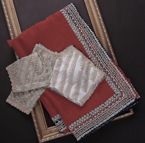 ชุดผ้าส่าหรีสำหรับสุภาพสตรีชุดปาร์ตี้แฟนตาซีชุดแต่งกายสำหรับงานแต่งงานผ้าทอจากนักออกแบบใหม่ - Product Image 4