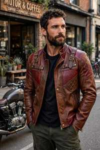 Men's Brown <b>Genuine</b> <b>Leather</b> <b>Jacket</b> With Embossed Zipper Closure Stand Collar - Product Image 1